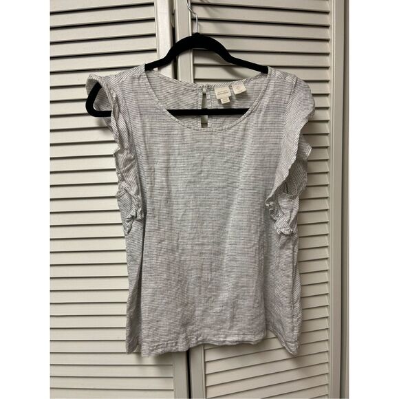 Catherine Malandrino 100% Linen Stripe Ruffle White Stripe Blouse, Sz Large + - Picture 8 of 8